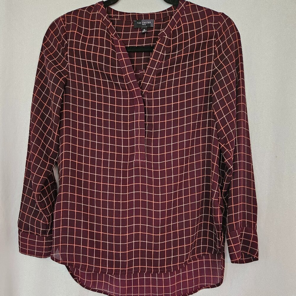 The Limited Petite XS Sleeveless Plaid Burgundy Blouse Long Sleeve